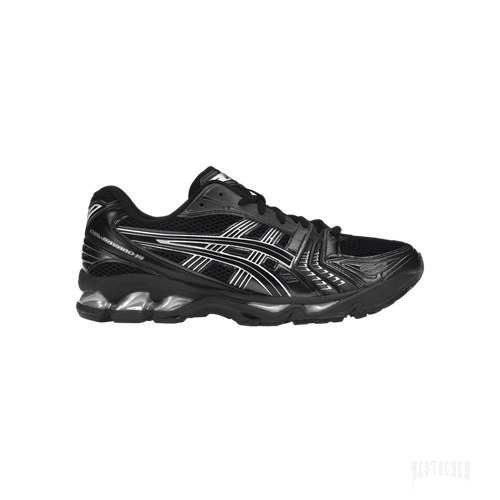 ASICS GEL-KAYANO 14 men's sneaker in black mesh with synthetic leather and metallic silver accents.