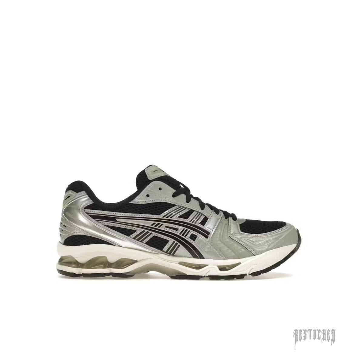 ASICS GEL-KAYANO 14 BLACK SEAL GREY sneaker with metallic silver and black mesh upper.