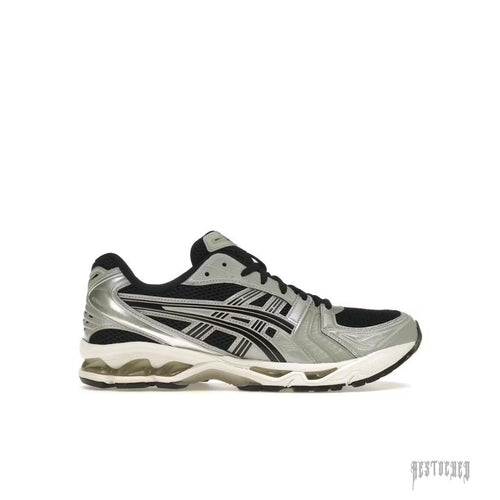 ASICS GEL-KAYANO 14 BLACK SEAL GREY sneaker with metallic silver and black mesh upper.