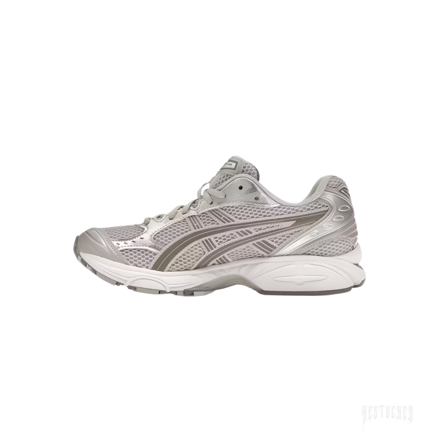 ASICS GEL-KAYANO 14 Cloud Grey sneaker, side view. Features breathable mesh, metallic silver overlays, and white sole.
