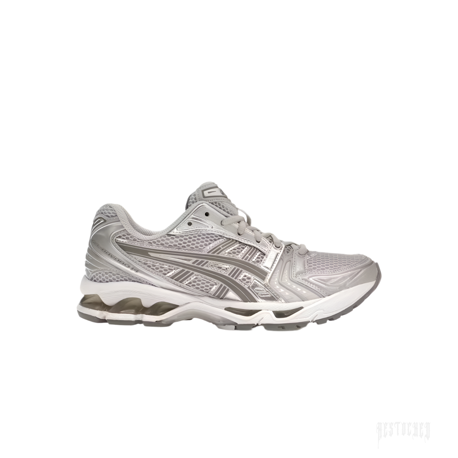 ASICS GEL-KAYANO 14 Cloud Grey sneaker, side view, with metallic silver overlays and mesh upper.