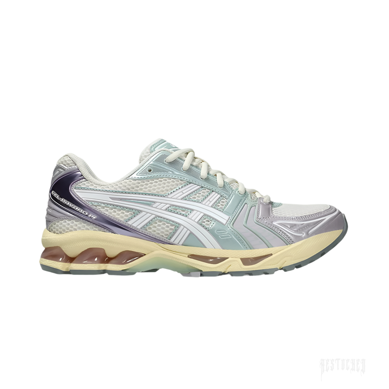 ASICS GEL-KAYANO 14 Cream Dusk Violet sneaker, side view, with mesh and metallic overlays.