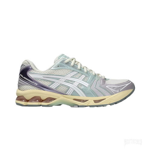 ASICS GEL-KAYANO 14 Cream Dusk Violet sneaker, side view, with mesh and metallic overlays.