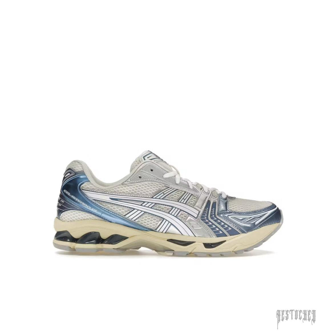 ASICS GEL-KAYANO 14 CREAM METALLIC BLUE sneaker, side view. Cream mesh upper with metallic blue and silver accents.