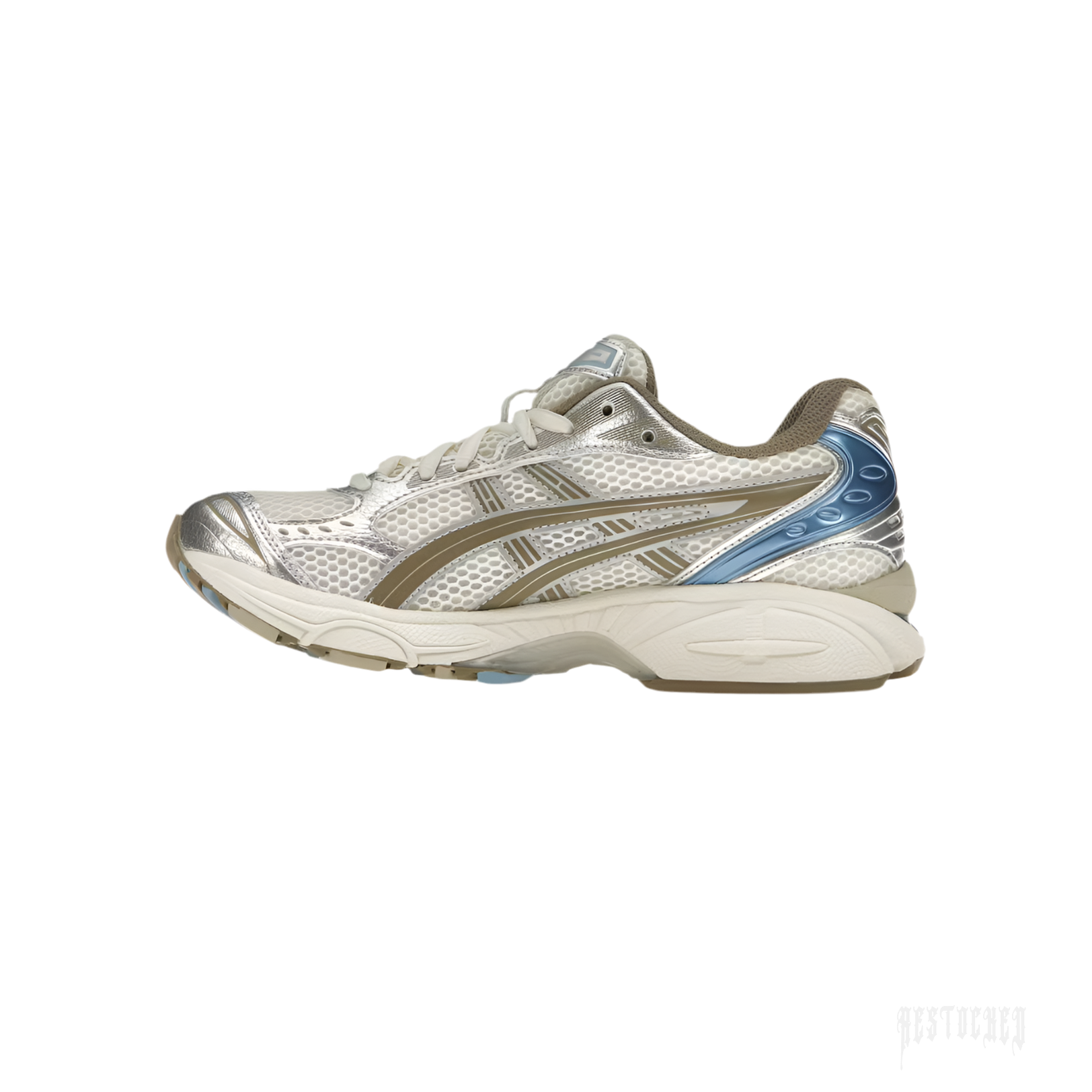 ASICS GEL-KAYANO 14 "Cream/Pepper" women's sneaker with layered mesh, synthetic leather, and blue accents.