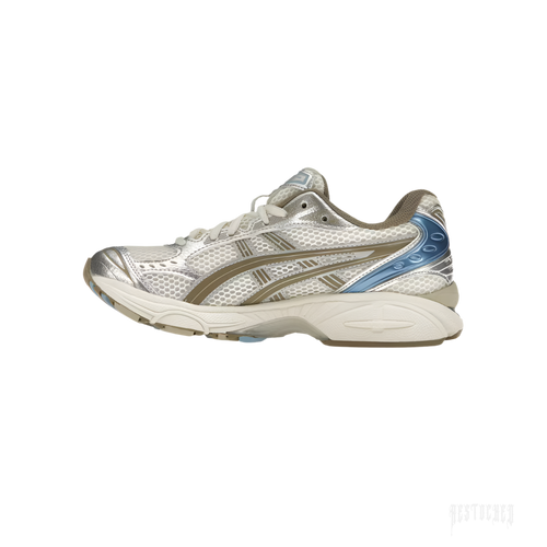 ASICS GEL-KAYANO 14 "Cream/Pepper" women's sneaker with layered mesh, synthetic leather, and blue accents.