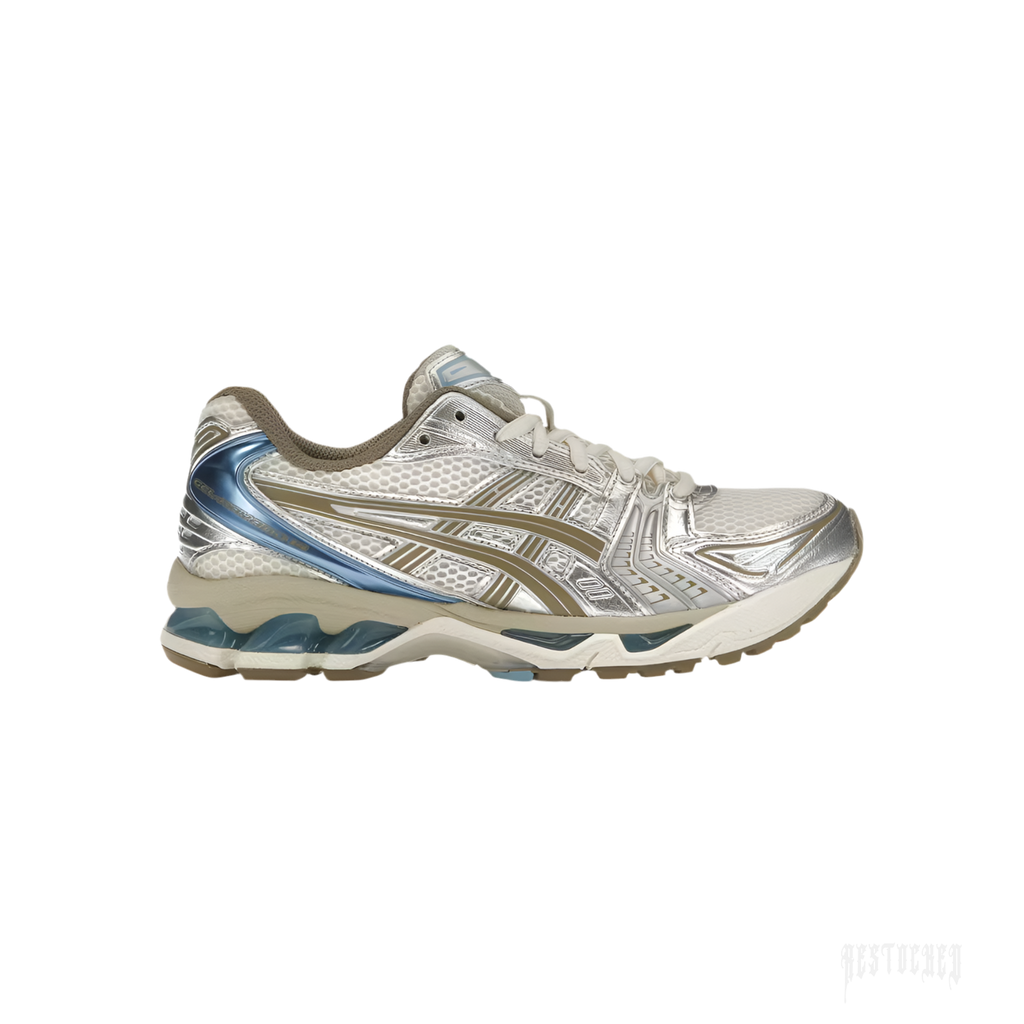 ASICS GEL-KAYANO 14 Cream Pepper women's sneaker with layered mesh, synthetic leather, and blue accents.