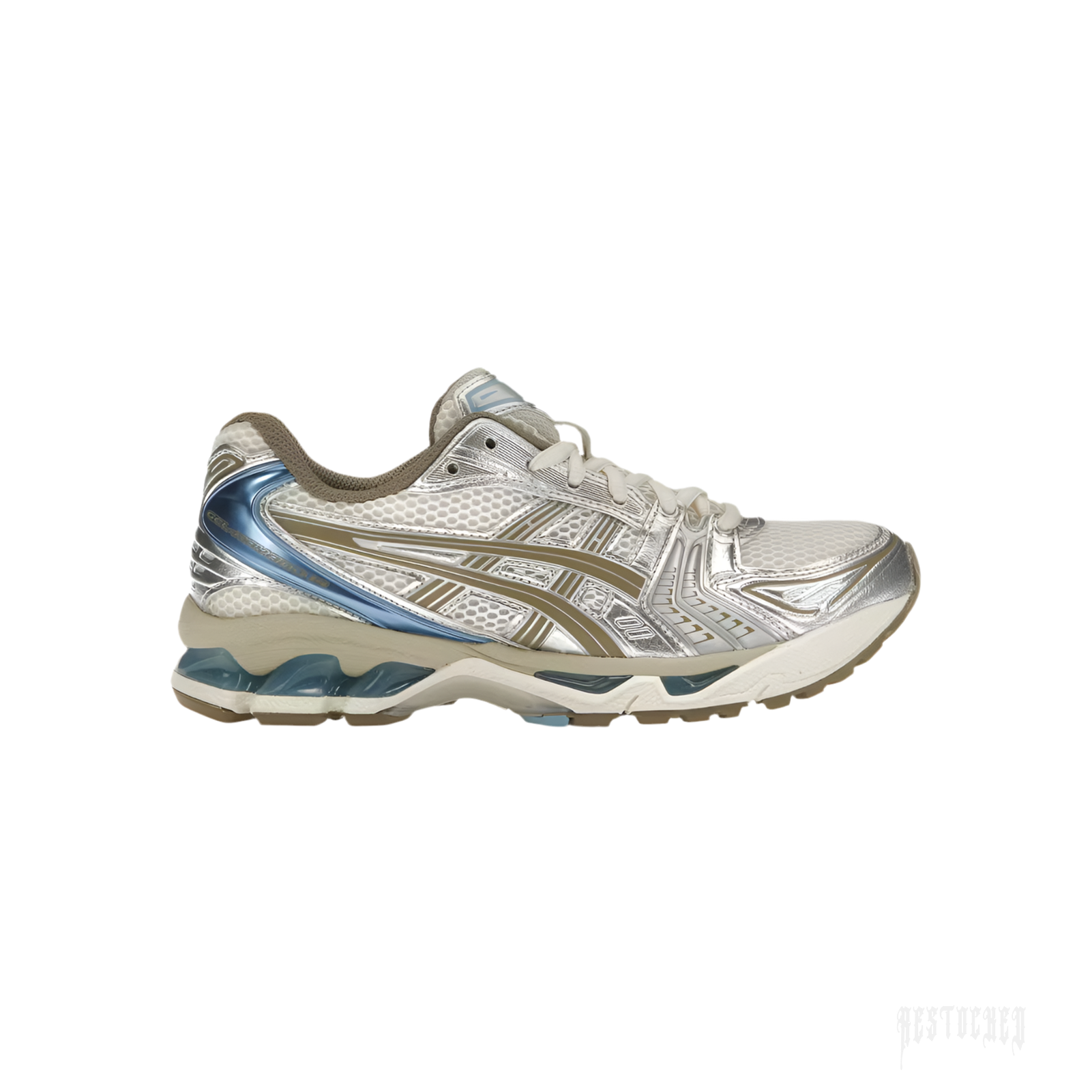 ASICS GEL-KAYANO 14 Cream Pepper women's sneaker with layered mesh, synthetic leather, and blue accents.