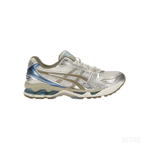 ASICS GEL-KAYANO 14 Cream Pepper women's sneaker with layered mesh, synthetic leather, and blue accents.