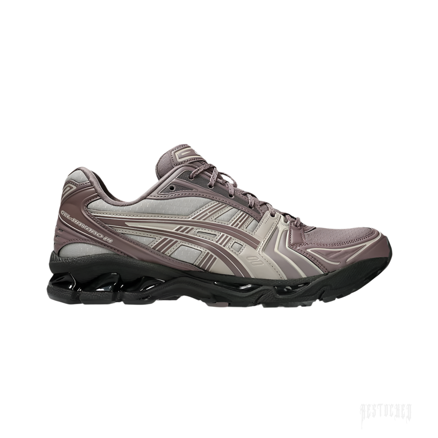 ASICS GEL-KAYANO 14 Earthenware Mauve Grey sneaker with black sole and white accents.