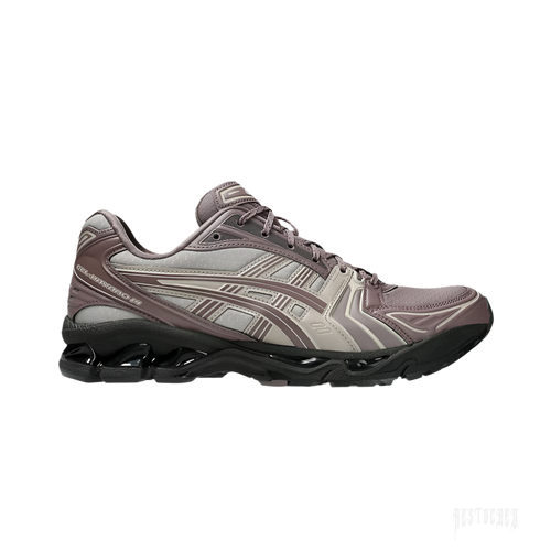 ASICS GEL-KAYANO 14 Earthenware Mauve Grey sneaker with black sole and white accents.