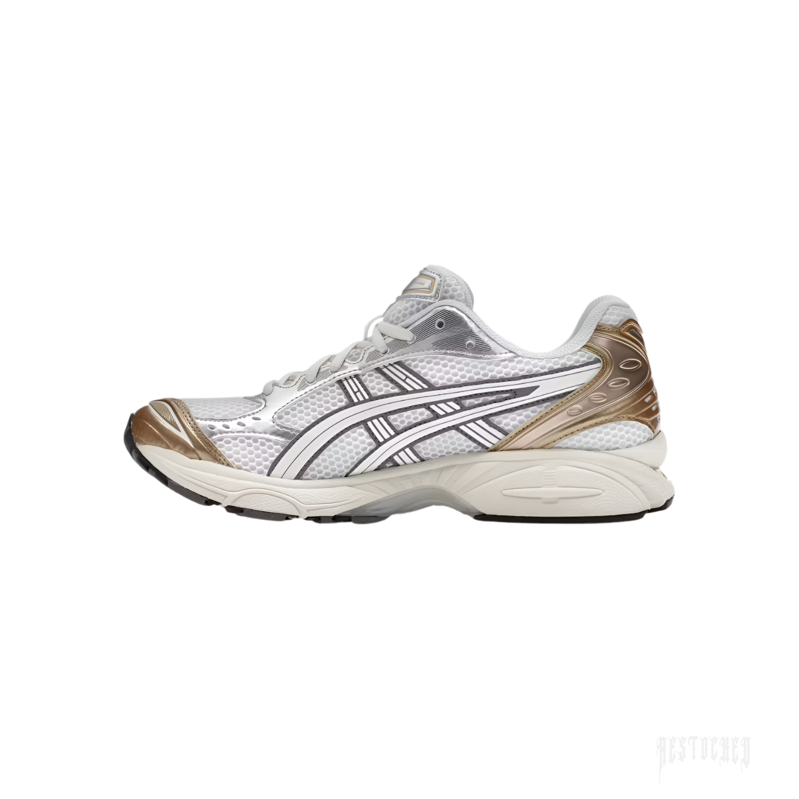 ASICS GEL-KAYANO 14 "Olympic Medals" sneaker with white mesh, cream leather, and metallic gold accents.