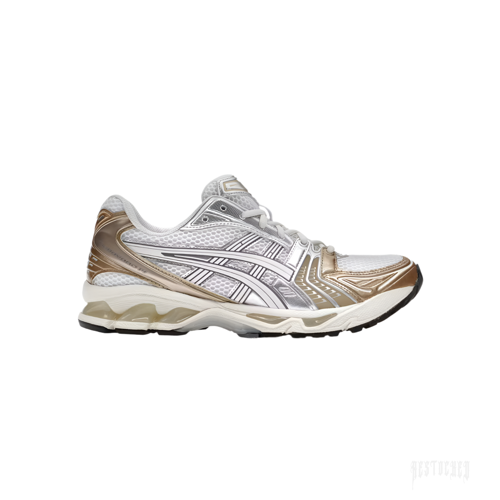 ASICS GEL-KAYANO 14 "Olympic Medals" sneaker with white mesh, cream leather, and metallic gold/silver accents.