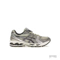 ASICS GEL-KAYANO 14 sneaker in Oyster White and Steeple Grey with mesh and metallic silver accents.
