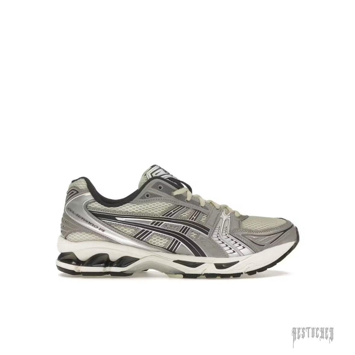 ASICS GEL-KAYANO 14 sneaker in Oyster White and Steeple Grey with mesh and metallic silver accents.