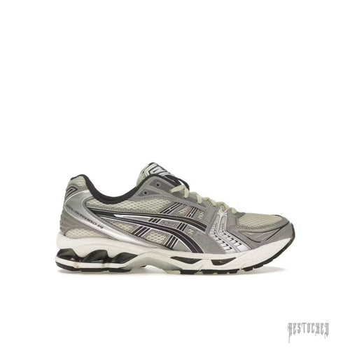 ASICS GEL-KAYANO 14 sneaker in Oyster White and Steeple Grey with mesh and metallic silver accents.