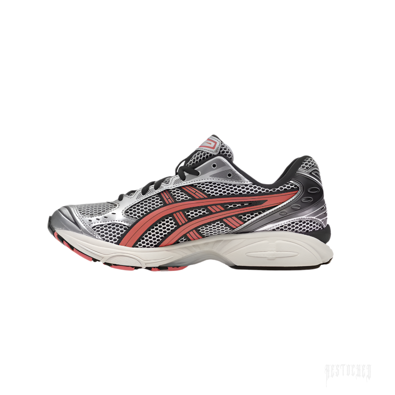 ASICS GEL-KAYANO 14 sneaker in silver mesh with papaya stripes and black accents.