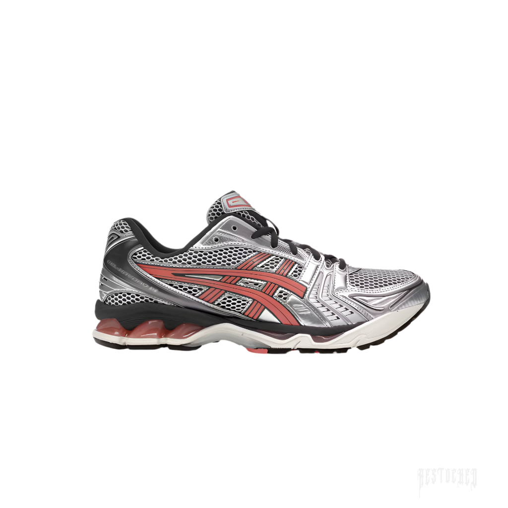 ASICS GEL-KAYANO 14 SILVER PAPAYA running shoe with silver mesh, black accents, and papaya red stripes.