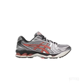 ASICS GEL-KAYANO 14 SILVER PAPAYA running shoe with silver mesh, black accents, and papaya red stripes.