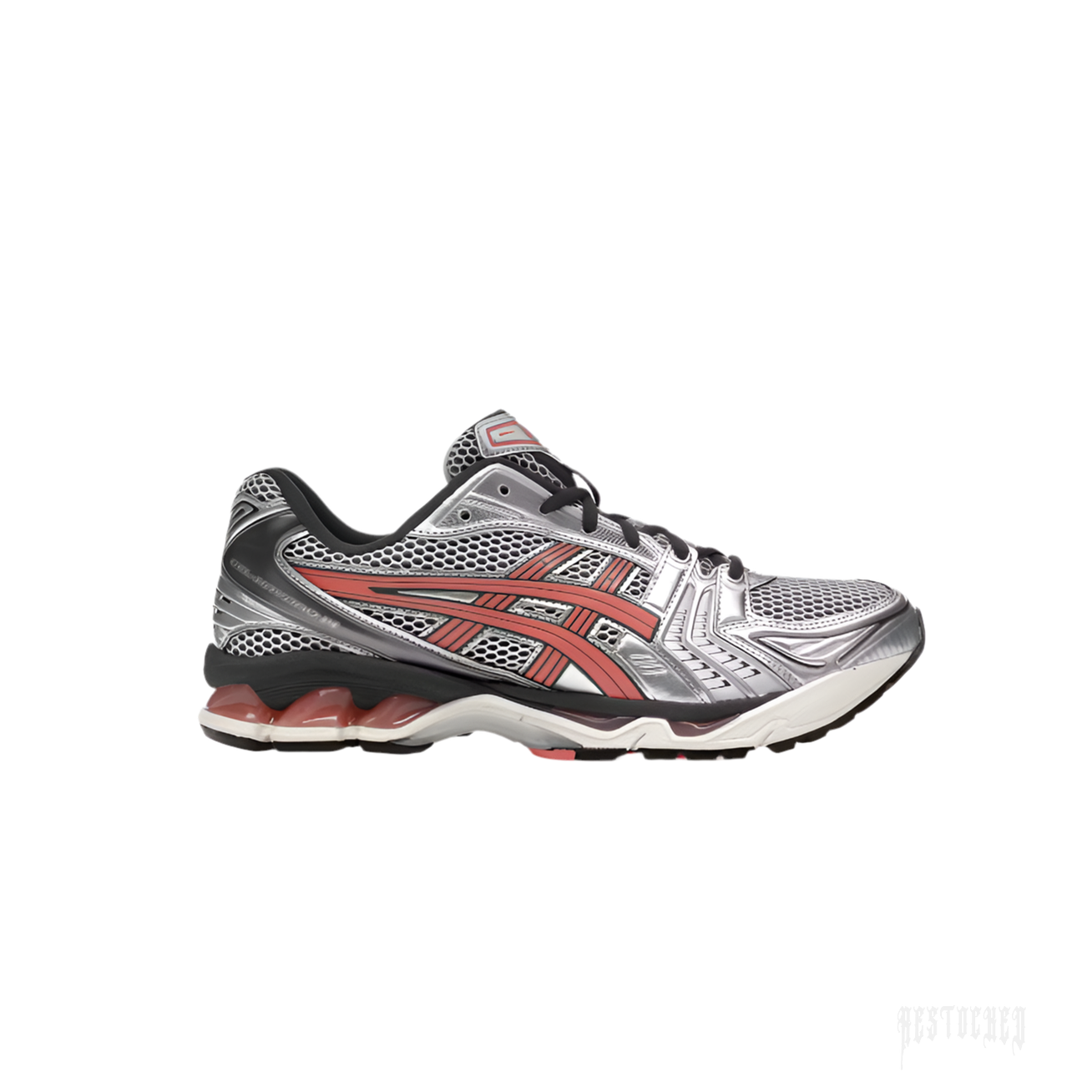 ASICS GEL-KAYANO 14 SILVER PAPAYA running shoe with silver mesh, black accents, and papaya red stripes.