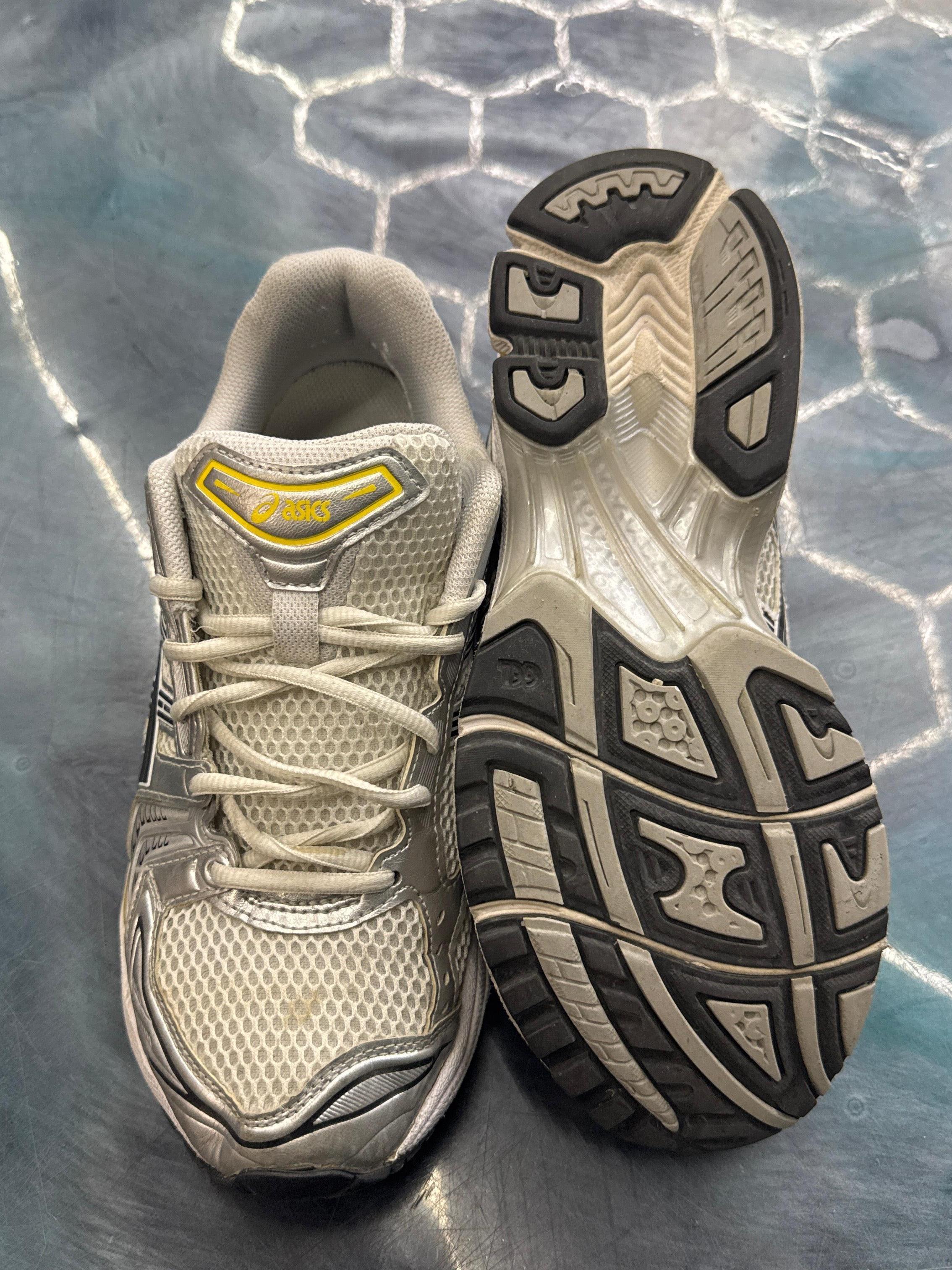 Pre-owned ASICS GEL KAYANO 14 Tai Chai Yellow running shoes, size 8.5, with mesh and silver accents.