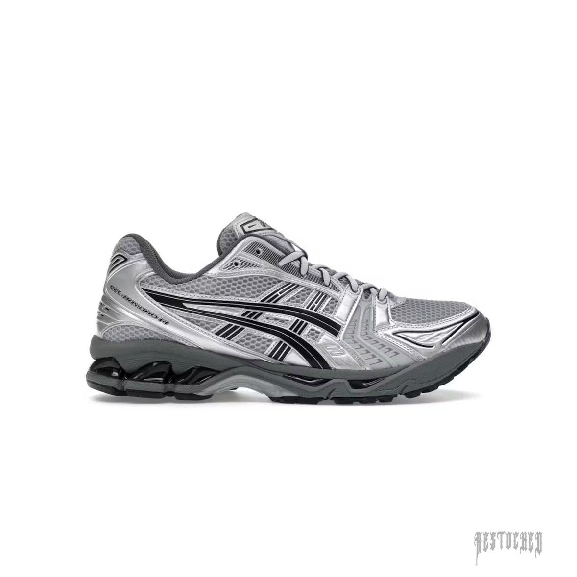 ASICS GEL KAYANO 14 URBAN RESEARCH sneakers in metallic silver and grey mesh with black stripes.