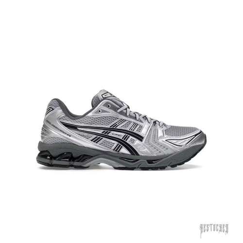 ASICS GEL KAYANO 14 URBAN RESEARCH sneakers in metallic silver and grey mesh with black stripes.