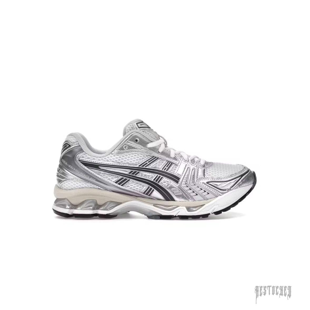 ASICS GEL KAYANO 14 sneaker in white mesh with metallic silver overlays and black stripes.