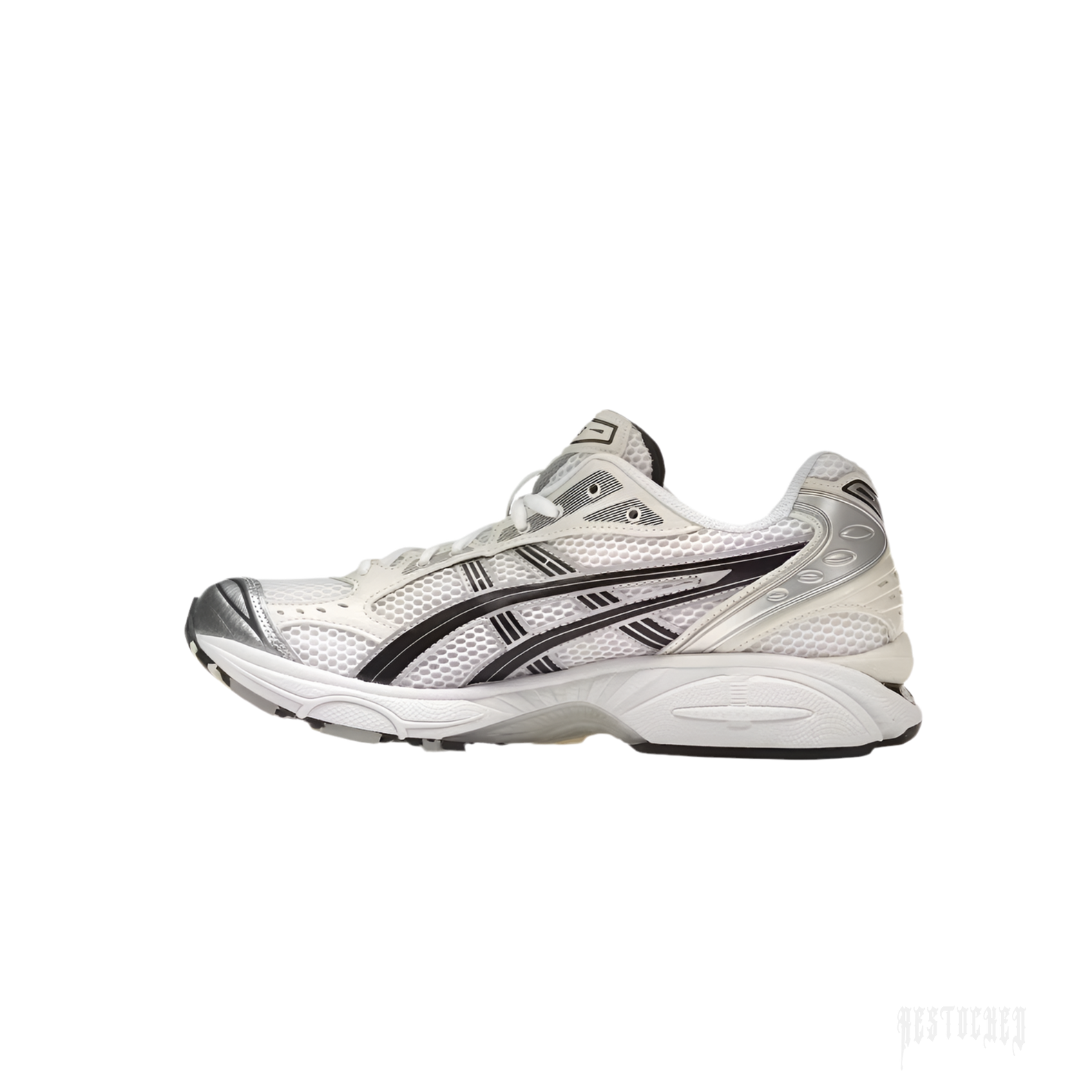 ASICS GEL-KAYANO 14 Women's running shoe in white mesh with black and silver accents.