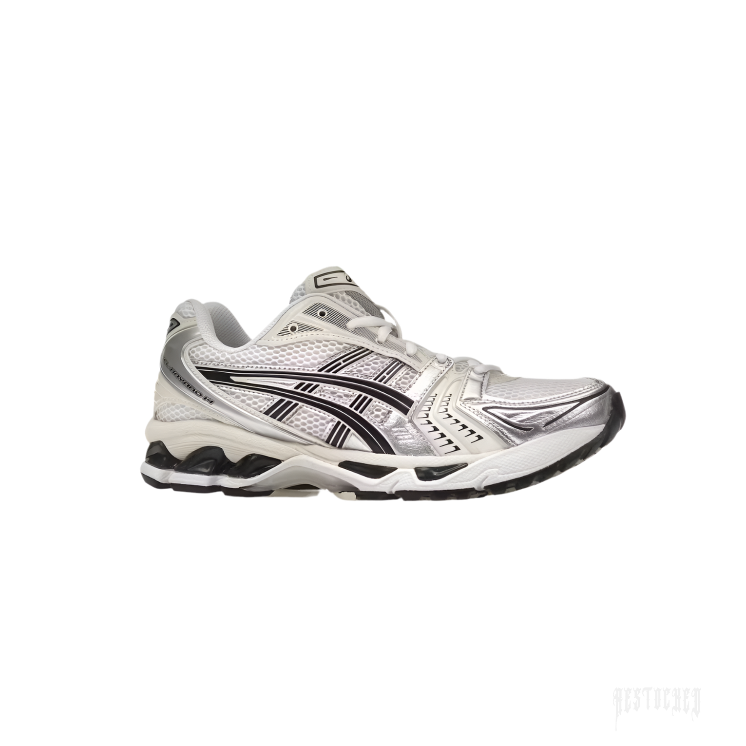 ASICS GEL-KAYANO 14 Women’s running shoe in white mesh with silver overlays and black stripes.
