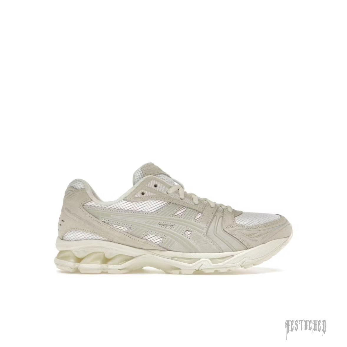 ASICS GEL-KAYANO 14 women's sneaker in white and smoke grey with mesh and suede details.