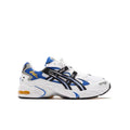 ASICS GEL-KAYANO 5 OG KITH EXCLUSIVE sneaker in white, blue, and black with yellow accents.