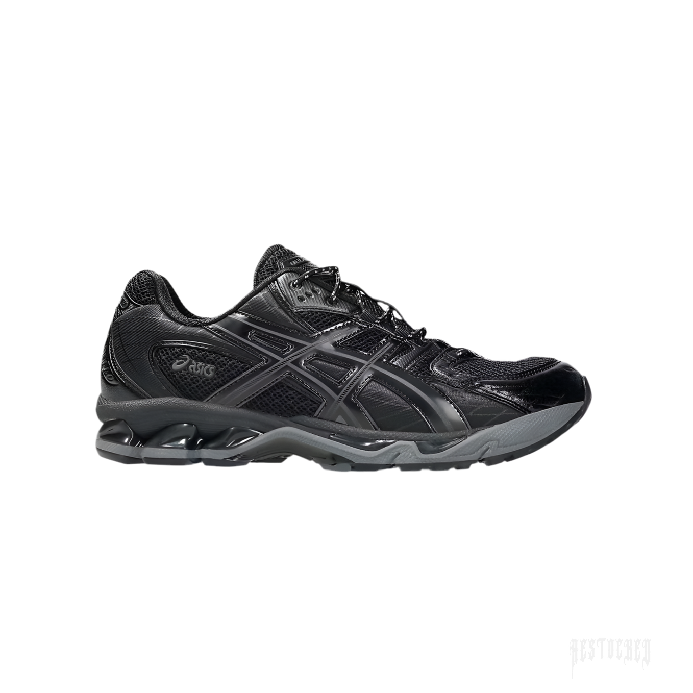 ASICS GEL NIMBUS 10.1 BLACK running shoe, side view. Features black mesh and synthetic upper, black laces, and a dark gray sole.