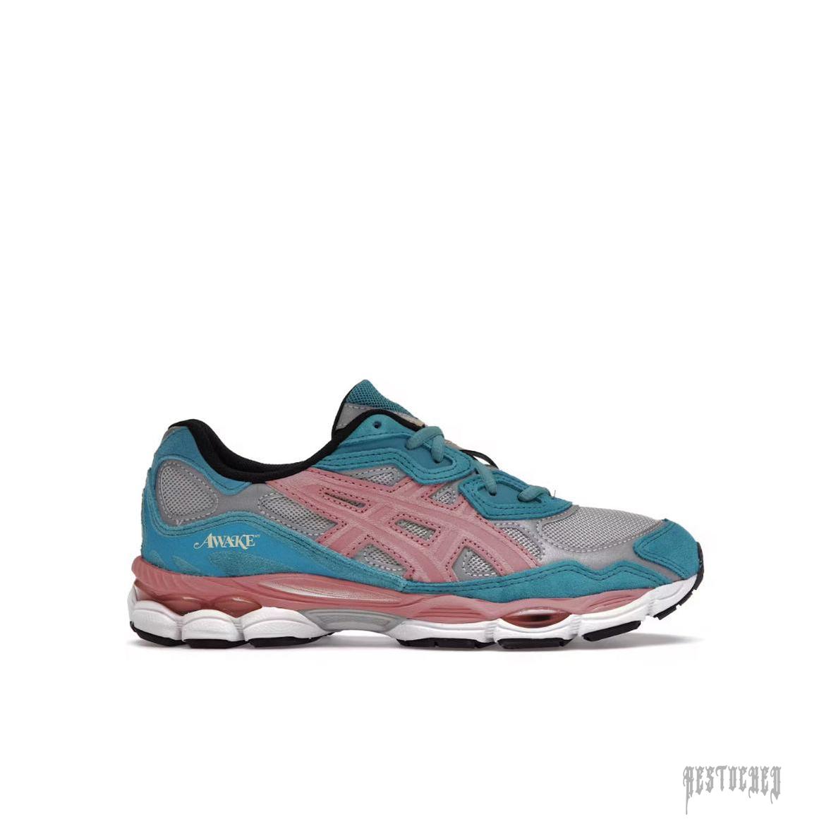 ASICS GEL-NYC AWAKE TEAL sneaker with teal, pink, and grey mesh and suede, featuring "AWAKE" branding.