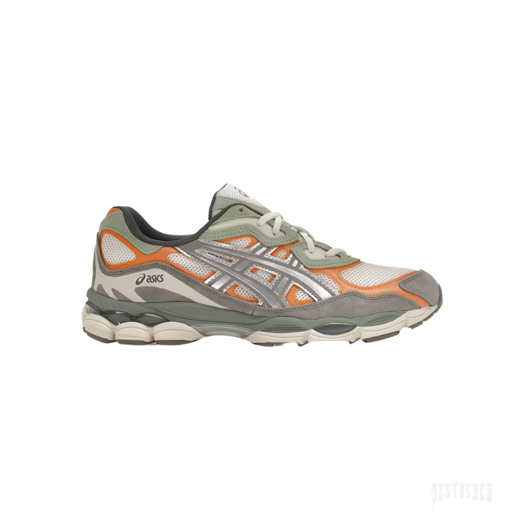 ASICS GEL-NYC Cream Clay Grey sneaker with cream mesh, clay grey suede, orange accents, and silver Formstripes.