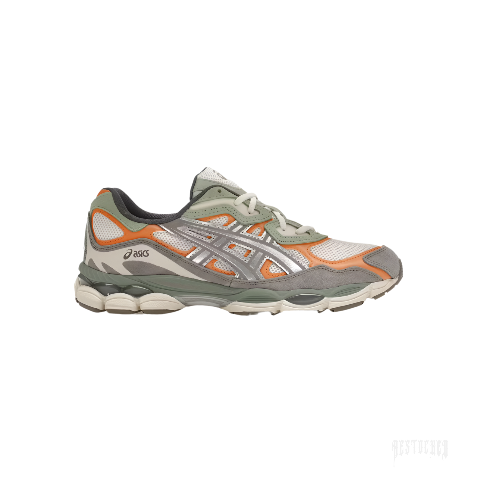 ASICS GEL-NYC Cream Clay Grey sneaker with cream mesh, clay grey suede, orange accents, and silver Formstripes.