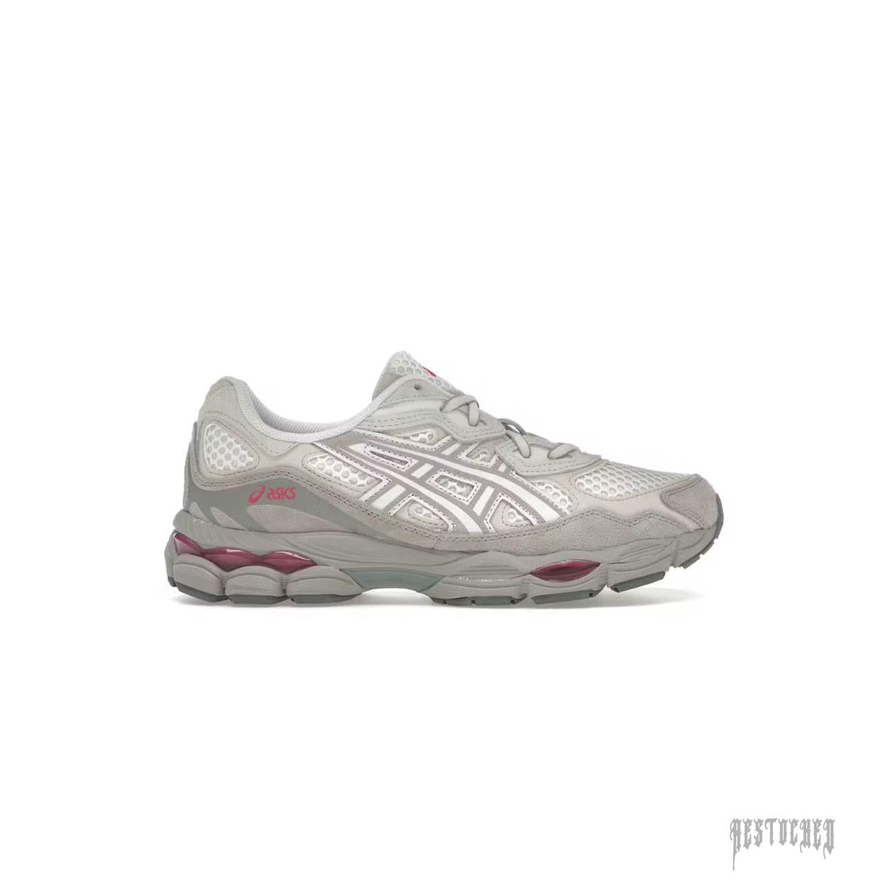 ASICS GEL-NYC CREAM MOONROCK sneaker, light gray mesh and suede with white stripes and maroon accents.