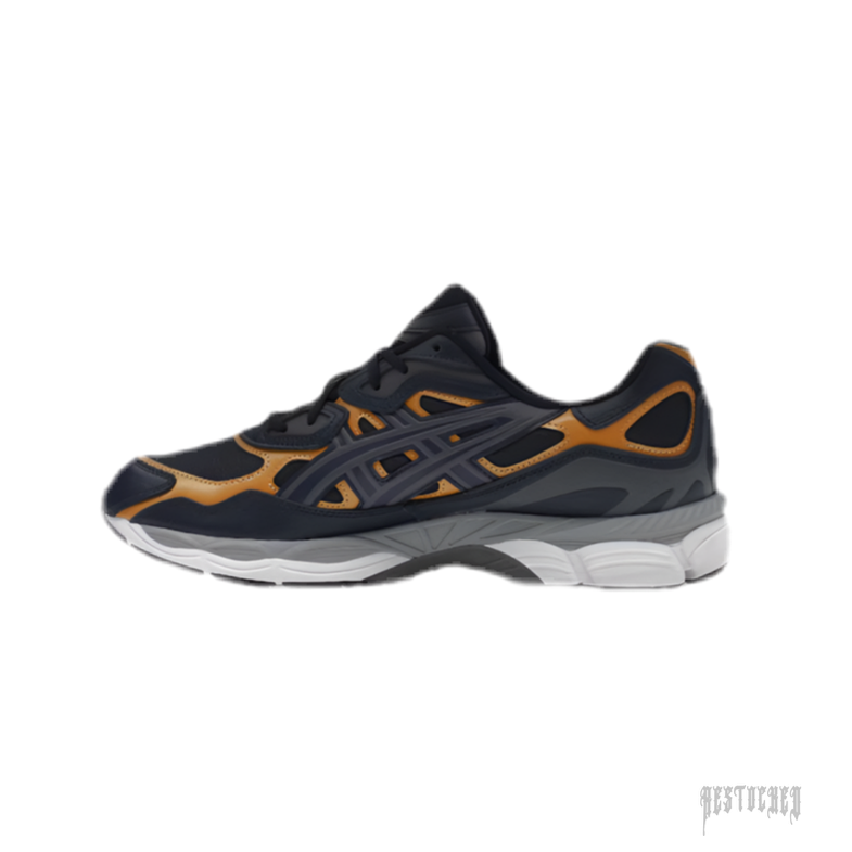 ASICS GEL-NYC Midnight Carrier Grey sneaker with black mesh, orange overlays, and a grey/white sole.