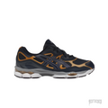 ASICS GEL-NYC Midnight Carrier Grey sneaker, dark blue mesh and suede with metallic gold accents, side view.
