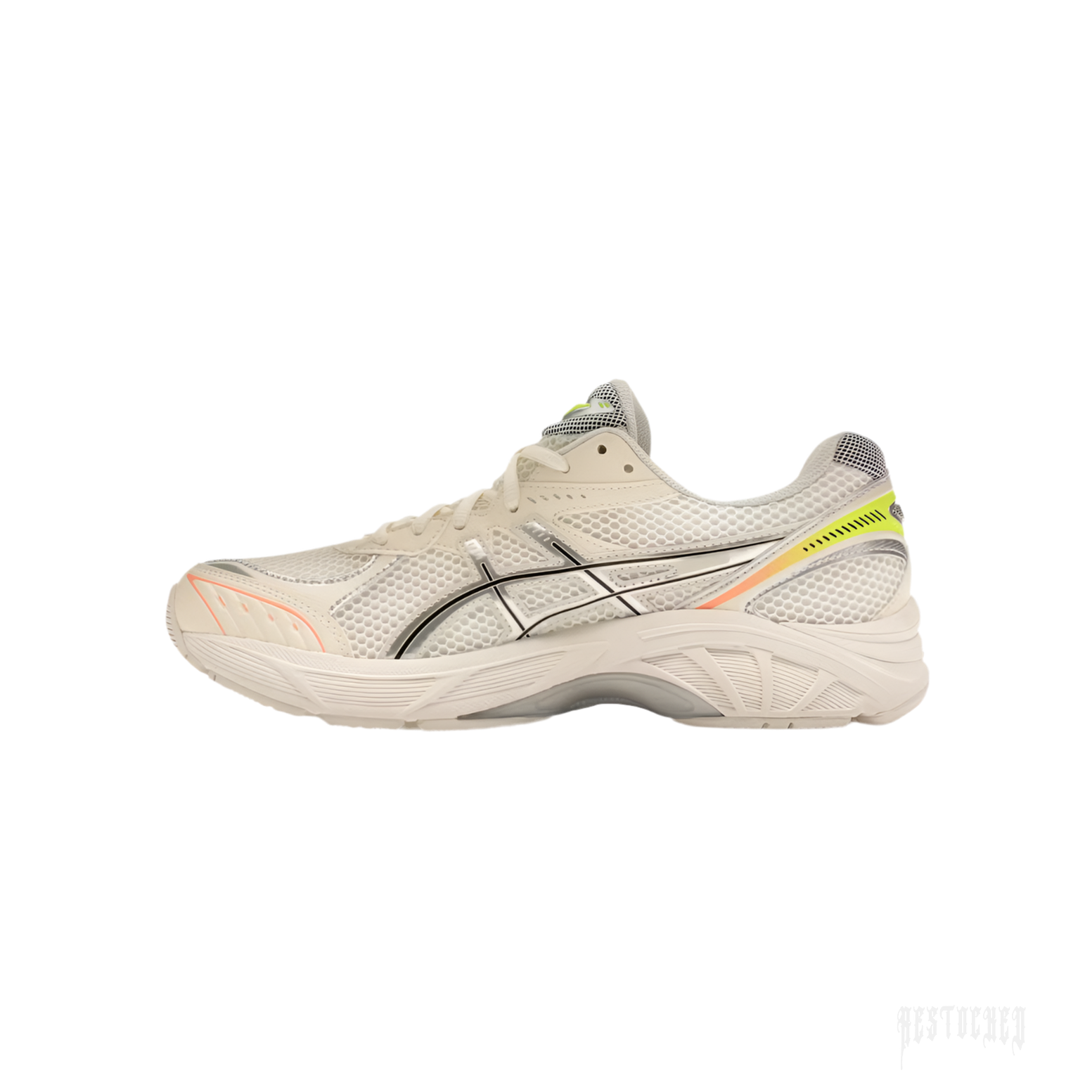 ASICS GT-2160 "Paris" sneaker in off-white mesh with black, neon yellow, and orange accents.