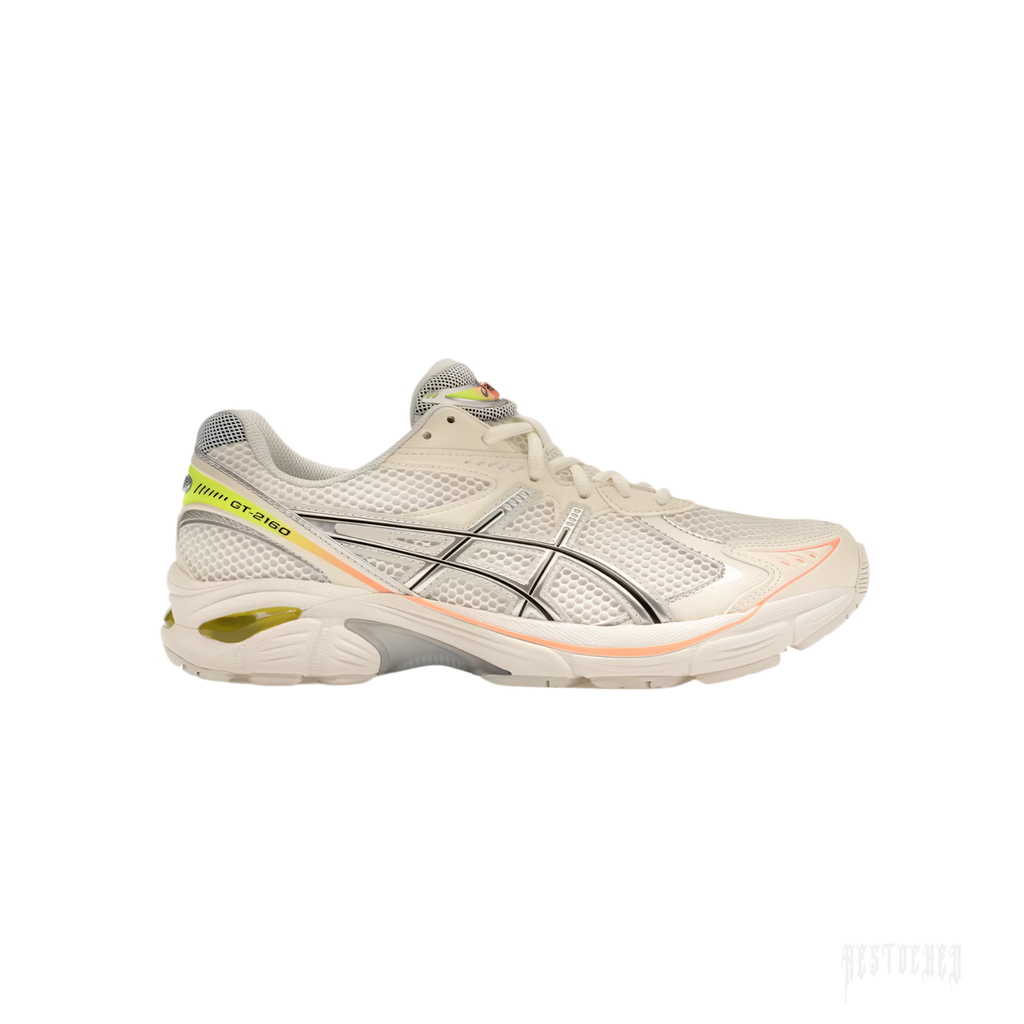 ASICS GT-2160 "Paris" sneaker in cream mesh with black, orange, and neon yellow accents.