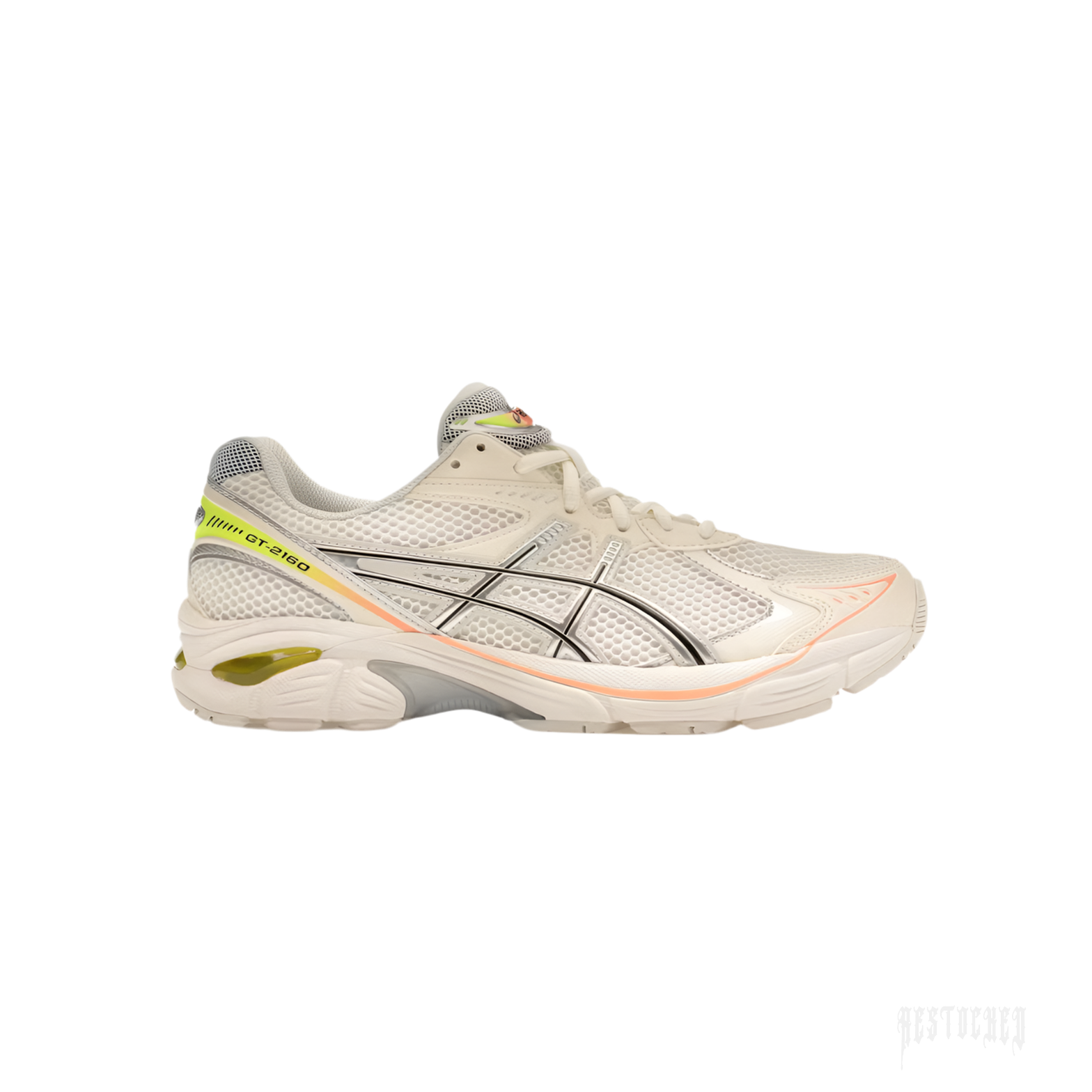 ASICS GT-2160 "Paris" sneaker in cream mesh with black, orange, and neon yellow accents.