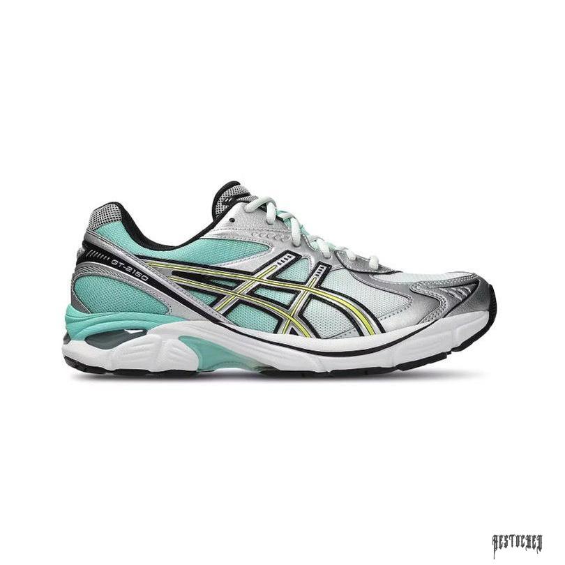 ASICS GT-2160 running shoe in teal, gold, silver, and white with mesh and synthetic overlays.