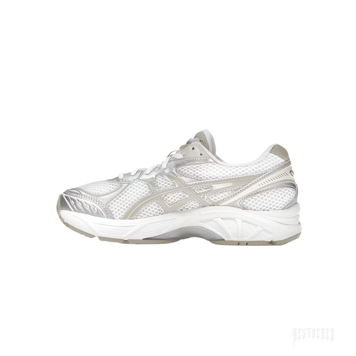 ASICS GT-2160 "White/Putty" unisex sneaker with breathable mesh and metallic silver overlays.