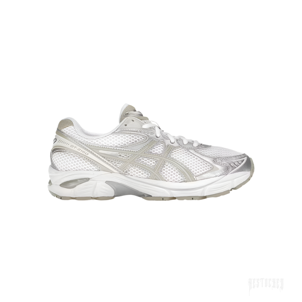 ASICS GT-2160 "White/Putty" sneaker with breathable mesh upper and silver synthetic overlays.