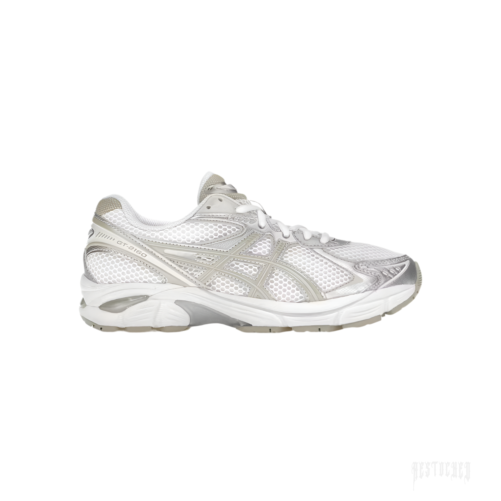 ASICS GT-2160 "White/Putty" sneaker with breathable mesh upper and silver synthetic overlays.