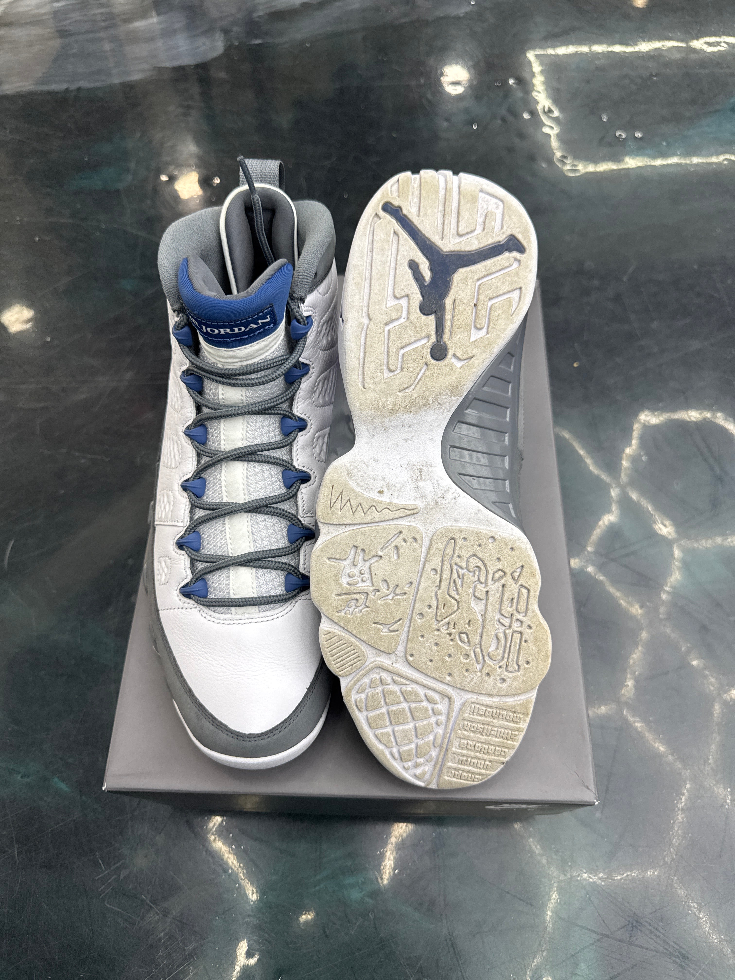 JORDAN 9 RETRO FLINT GREY FRENCH BLUE PRE OWNED SIZE 11