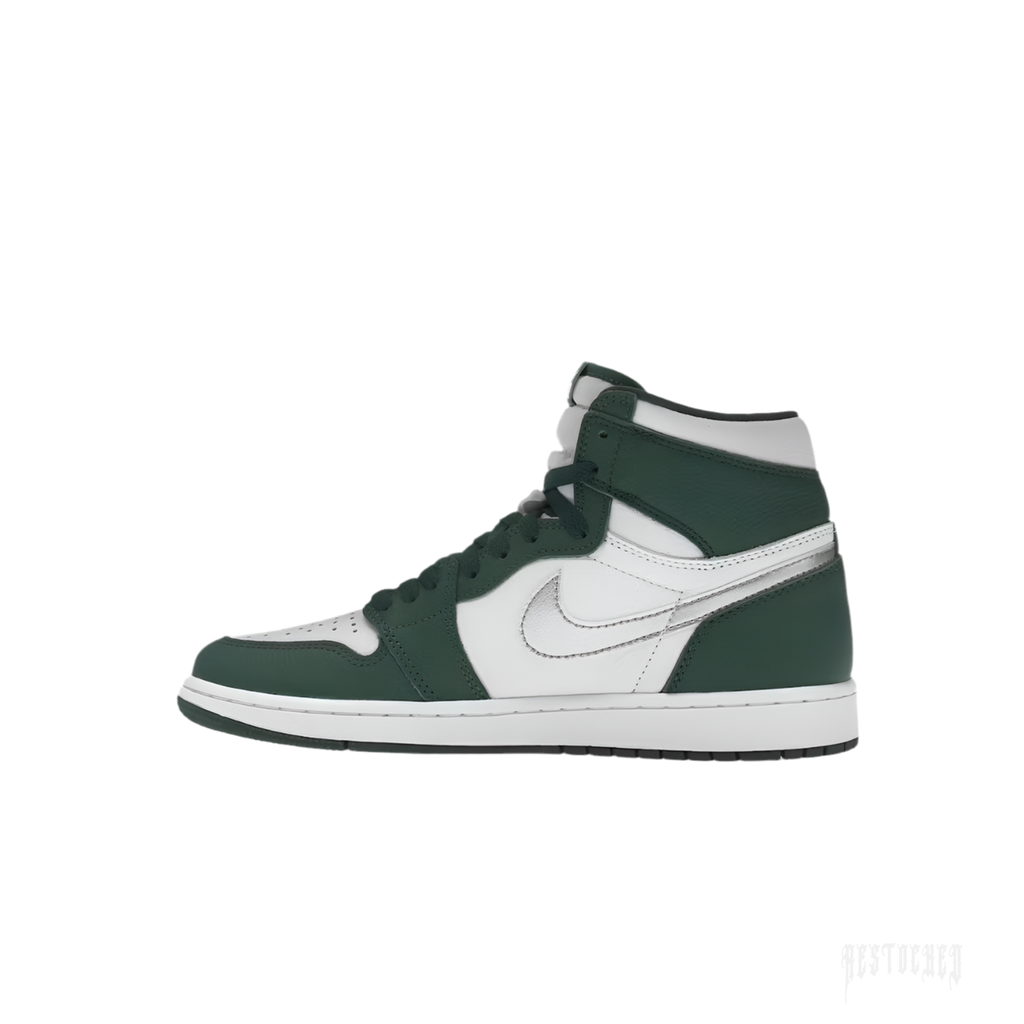 JORDAN 1 RETRO HIGH OG Gorge Green and white leather sneaker with metallic silver swoosh.