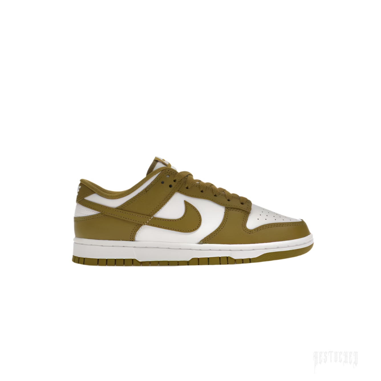 NIKE DUNK LOW RETRO PACIFIC MOSS sneakers with olive green and white leather upper, white laces, and rubber sole.