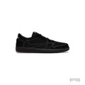 Travis Scott Jordan 1 Low Black Phantom nubuck sneaker with backwards Swoosh and contrast stitching.
